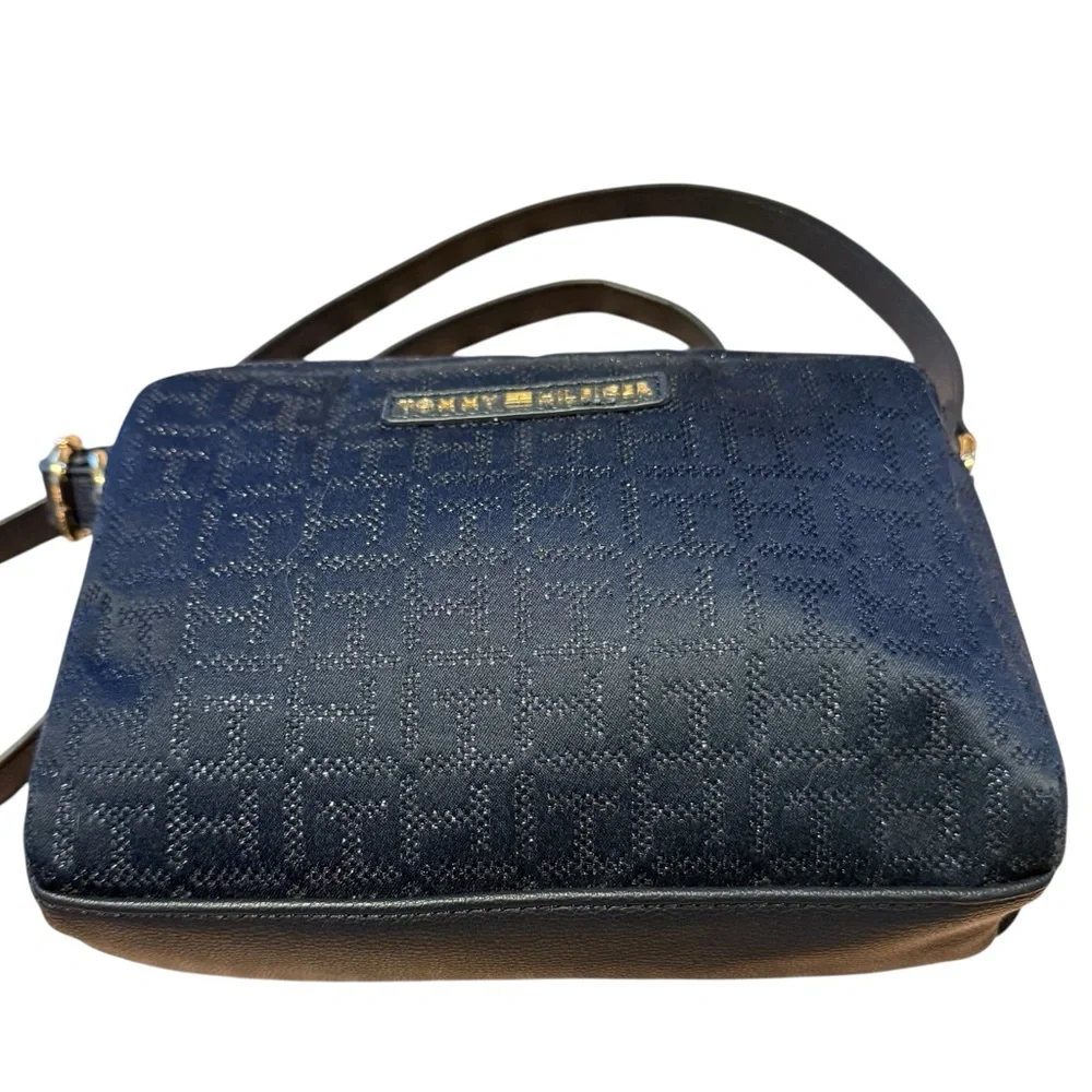 Tommy Hilfiger Dark Navy Monogram Crossbody Bag Adjustable Strap Gold Hardware - Picture 8 of 14